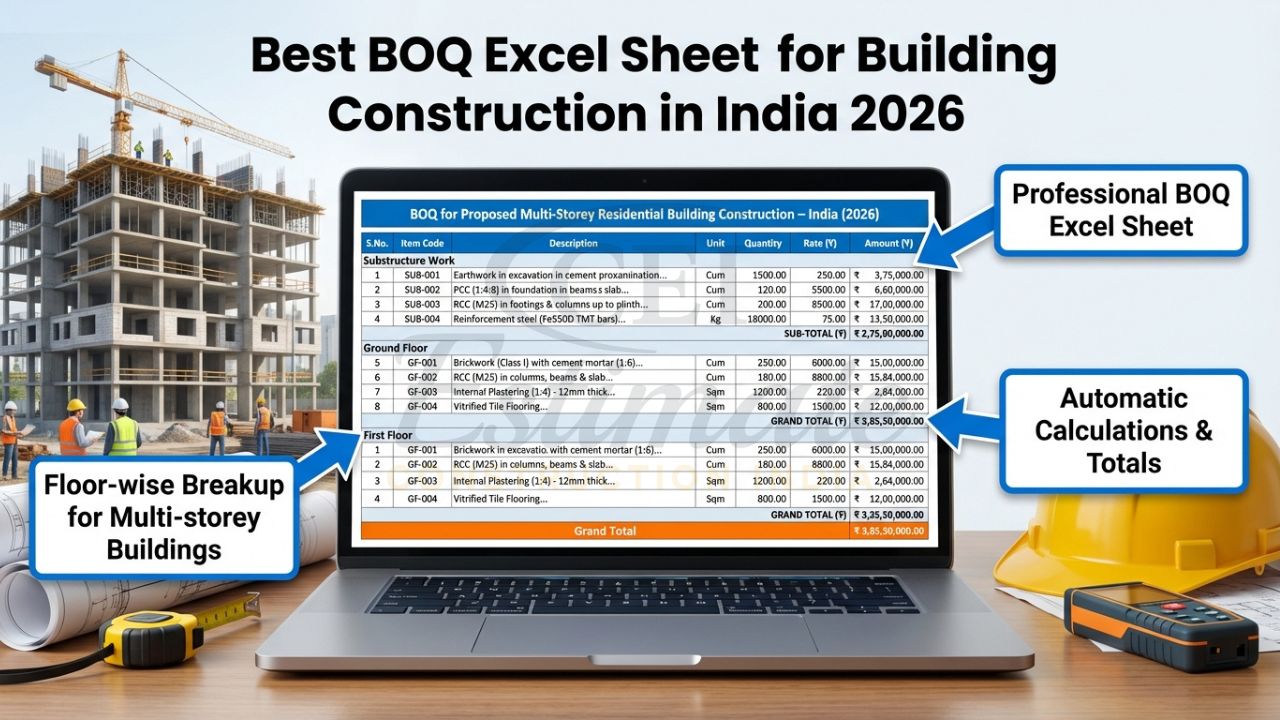 Professional BOQ excel sheet for building construction in India with automatic calculations and floor-wise breakup