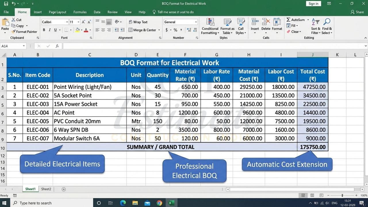 BOQ format for electrical work excel showing point wiring, conduit, DB and modular switches with automatic totals
