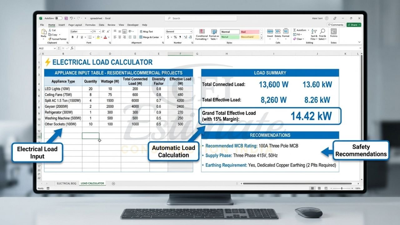 Electrical load calculator integrated with BOQ format for electrical work showing recommendations for MCB and phase