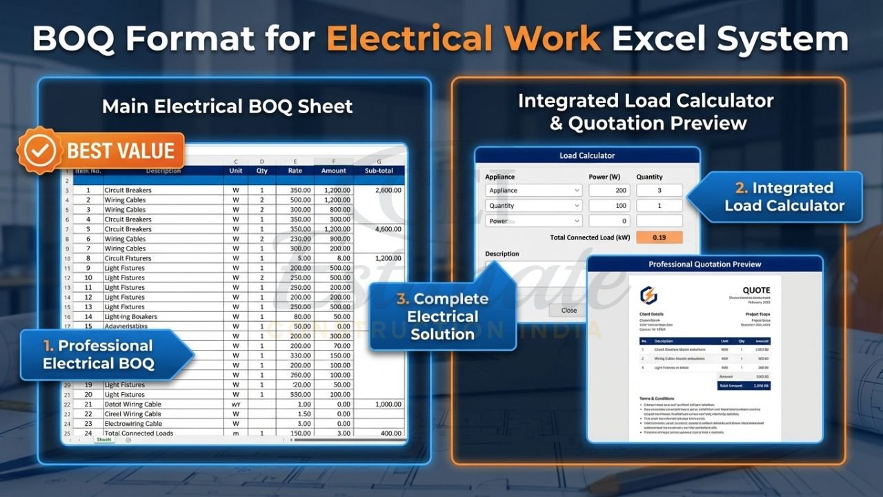 Complete electrical BOQ format excel bundle with load calculator and professional quotation for Indian contractors