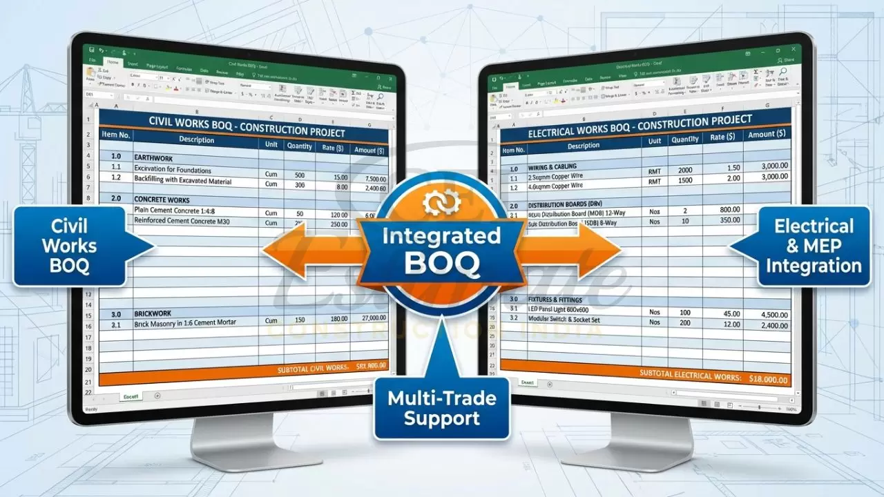 Construction BOQ format in Excel supporting civil, electrical and multiple trades with automatic calculations