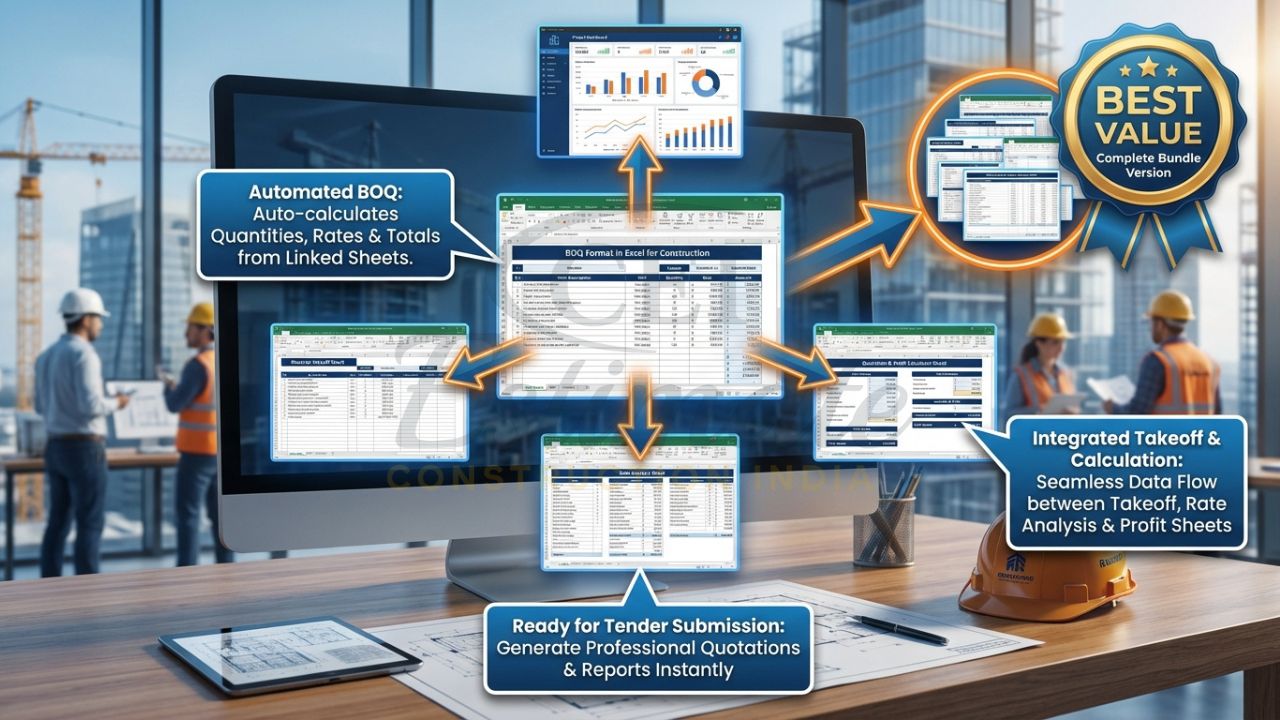 Complete BOQ format in Excel for construction with takeoff, rate analysis and quotation integration