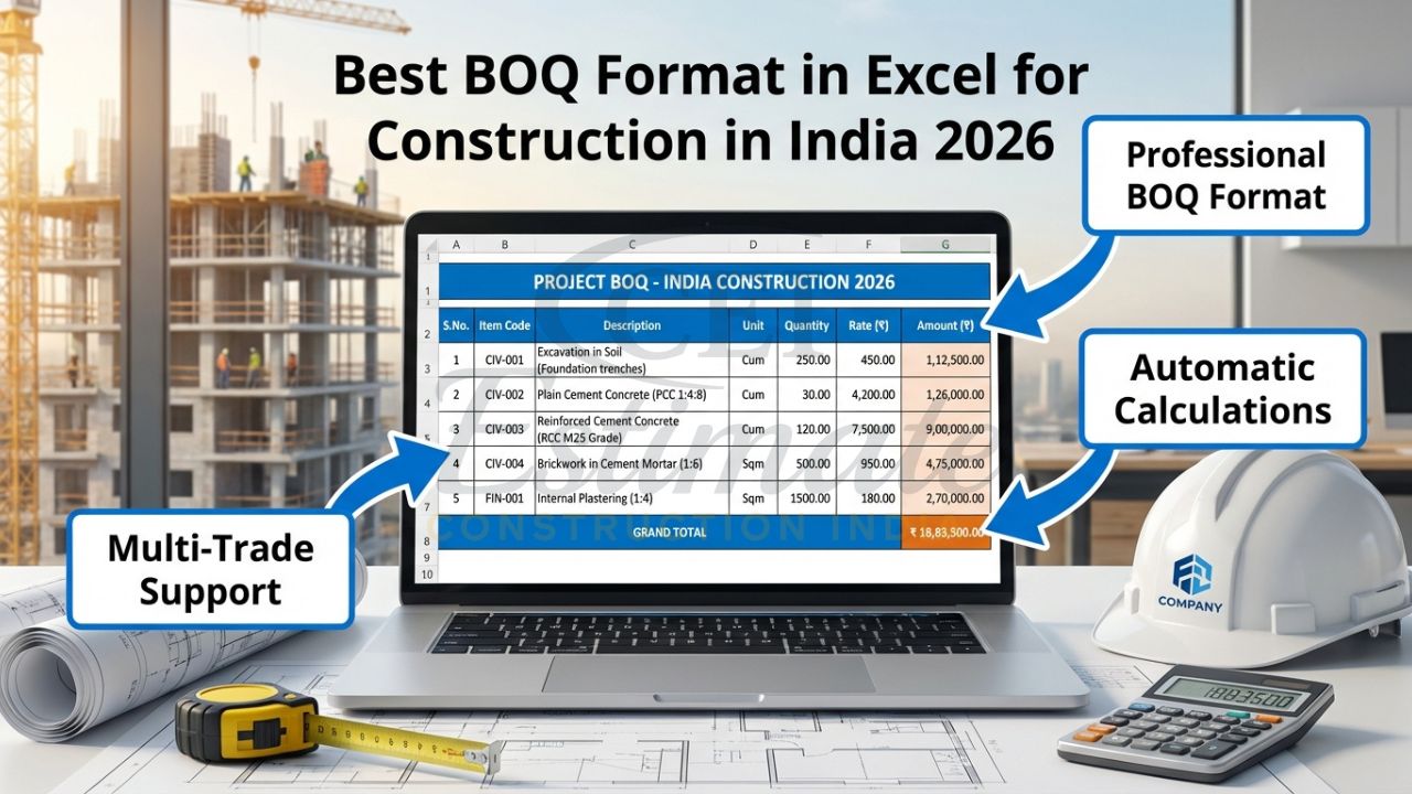 Professional BOQ format in Excel for construction projects in India with automatic calculations and grand total