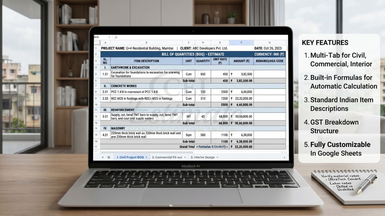 construction boq template in excel showing bill of quantities format with item description quantity rates and cost calculation for civil projects
