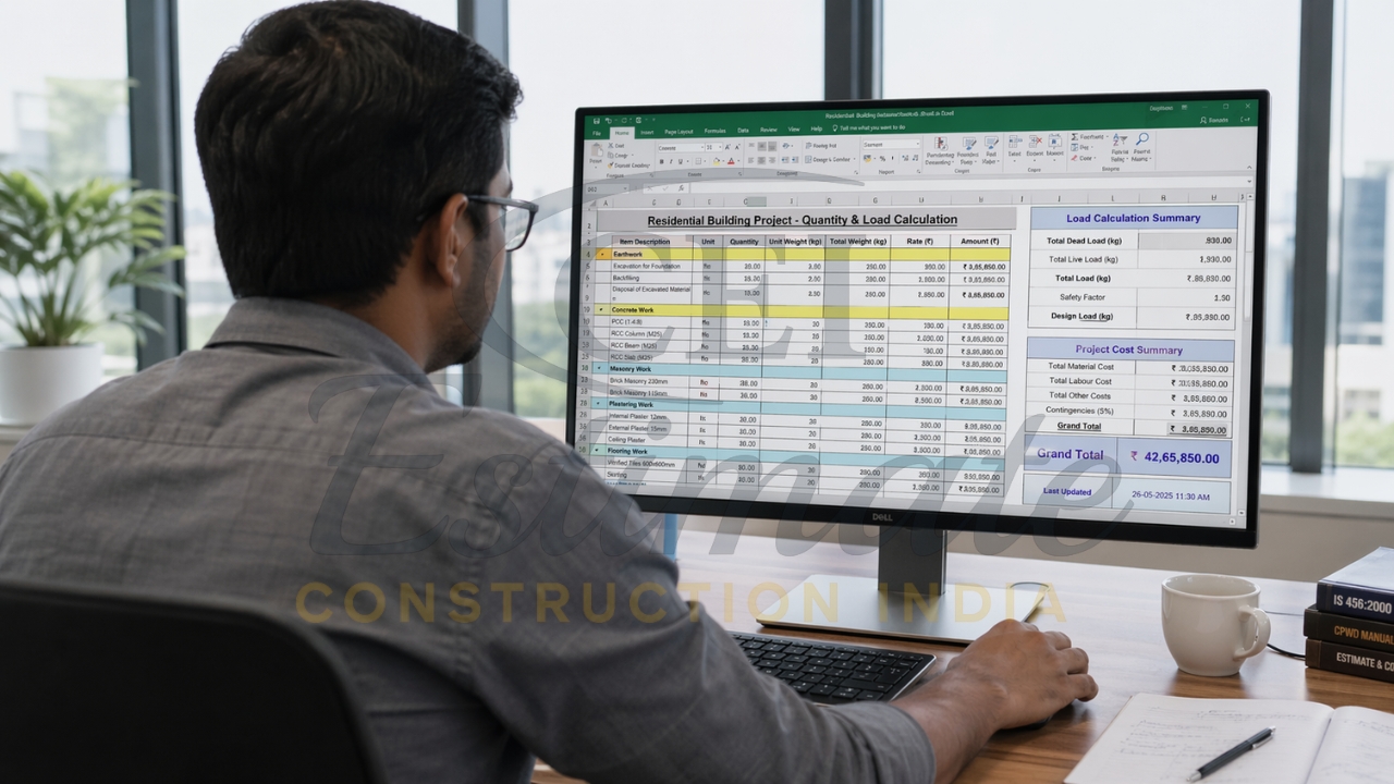 Residential building cost estimation Excel sheet with BOQ and load calculation
