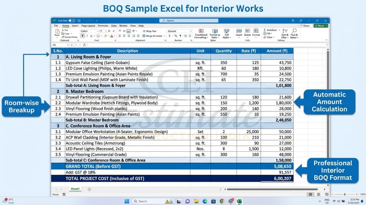 BOQ sample excel for interior works showing false ceiling, drywall, modular furniture and automatic totals
