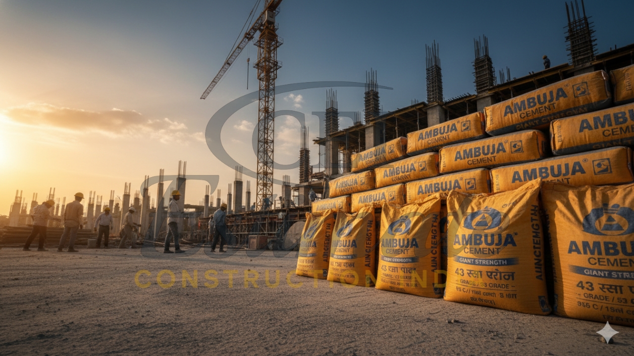 Ambuja cement used in building construction with crane and structural framework