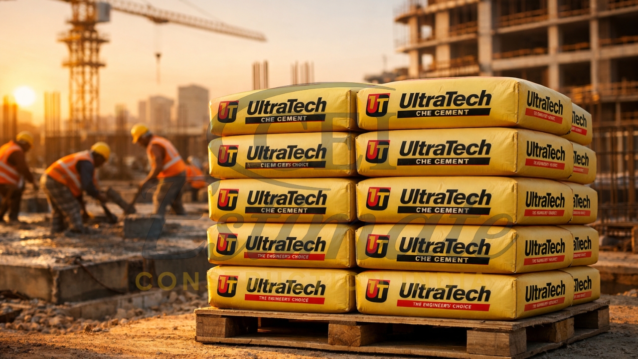 UltraTech cement used for construction work with workers and concrete activity