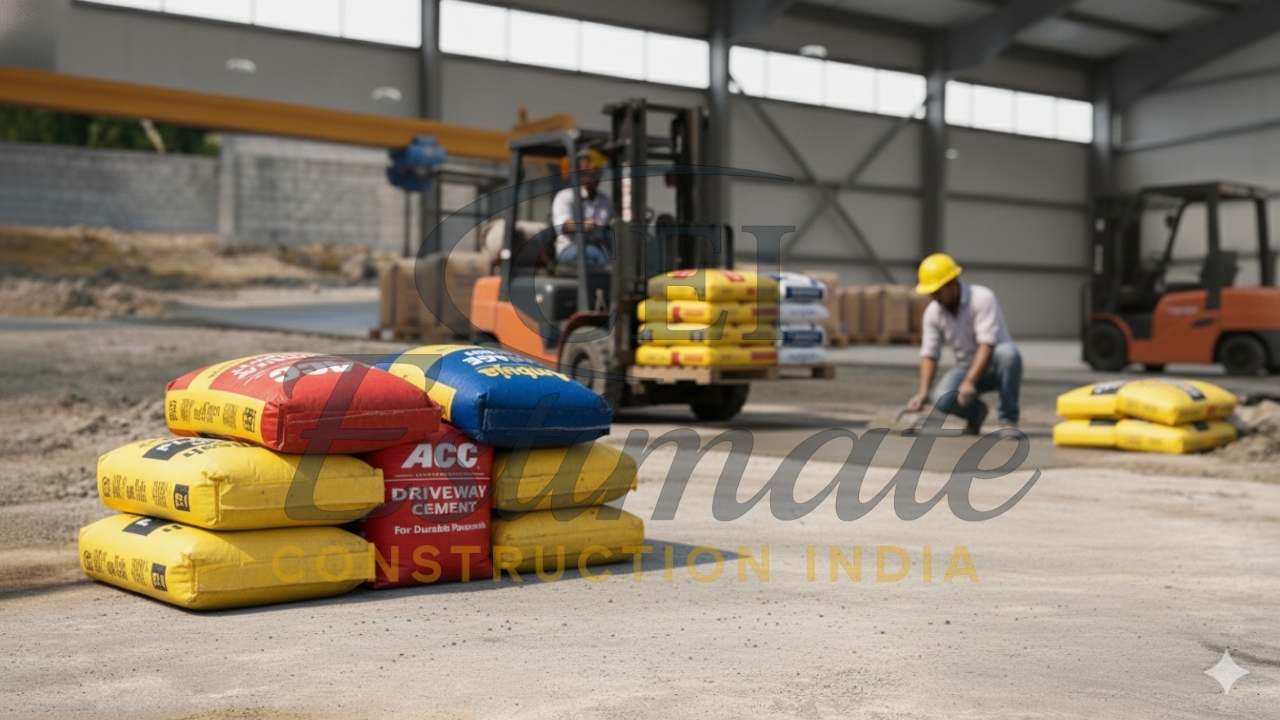 Cement bags for driveway and flooring work with ACC and UltraTech at construction site India