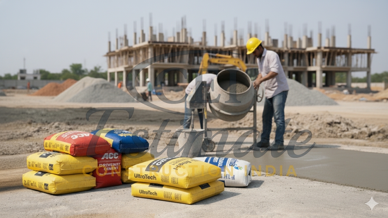 Cement bags for driveway and flooring construction with ACC and UltraTech at Indian construction site