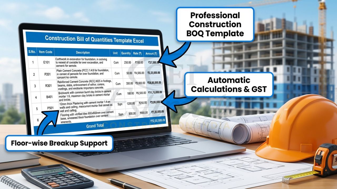 Professional construction bill of quantities template excel for building projects in India with automatic calculations
