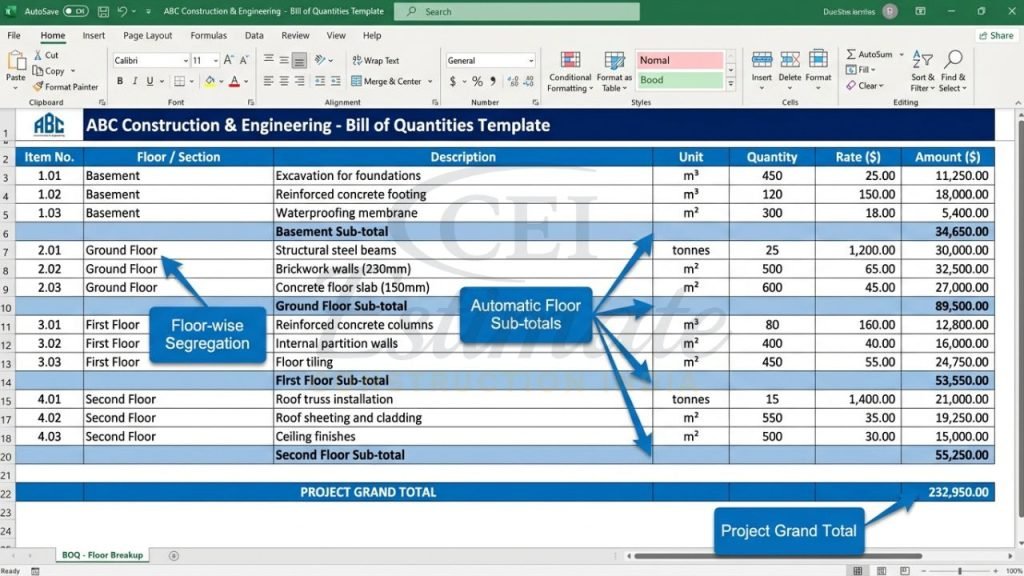 Construction Quantities Best Construction Bill of Quantities Template Excel