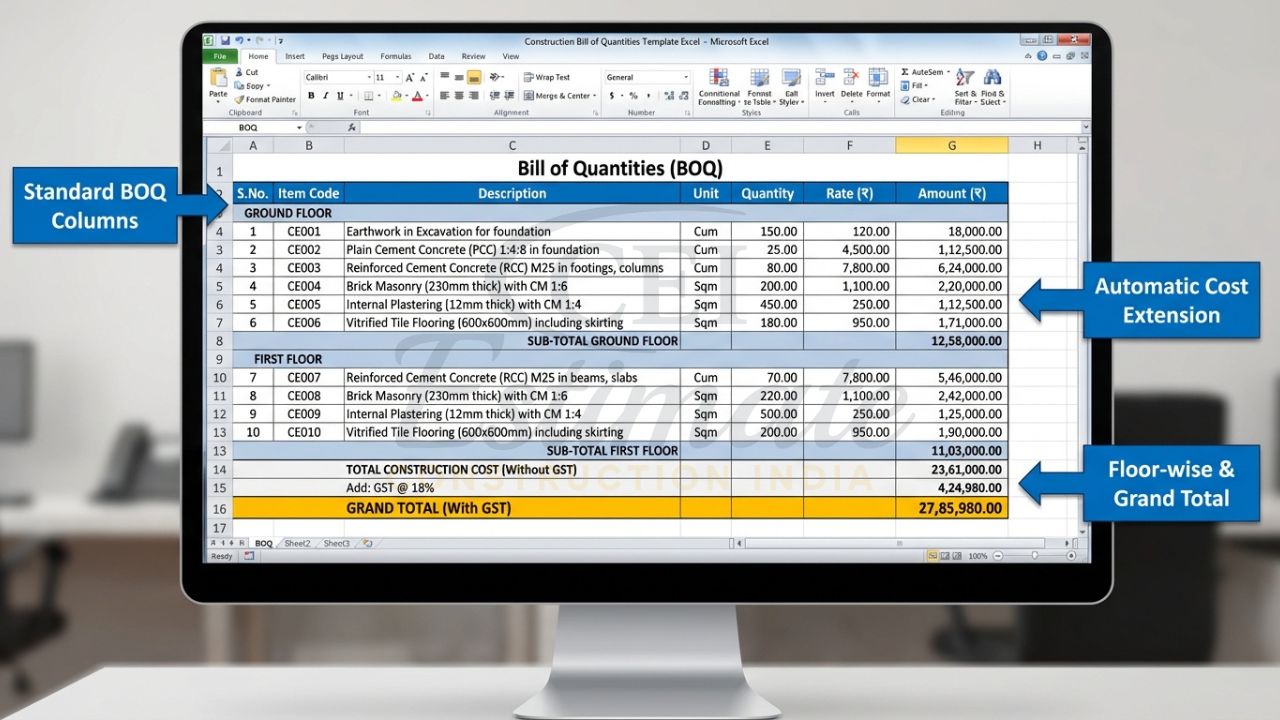 Floor-wise breakup in construction bill of quantities template excel for multi-storey buildings