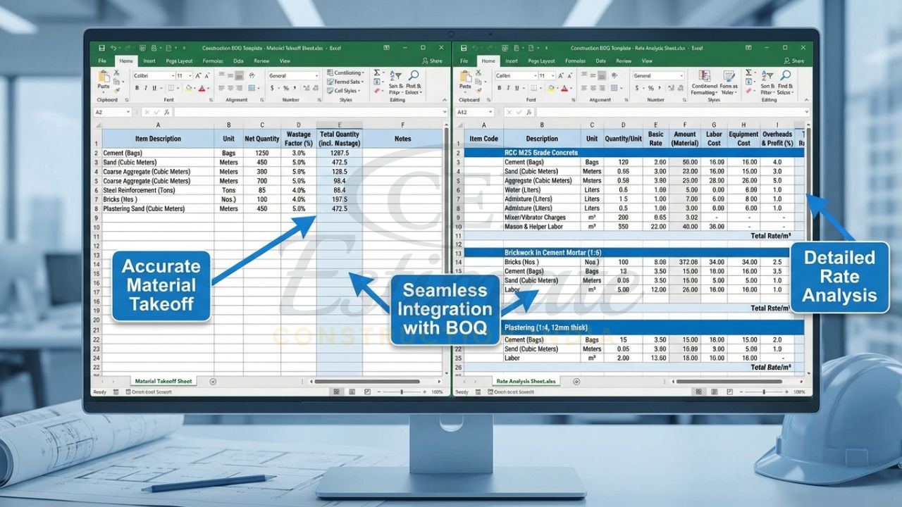 Material takeoff and rate analysis integrated with construction bill of quantities template excel