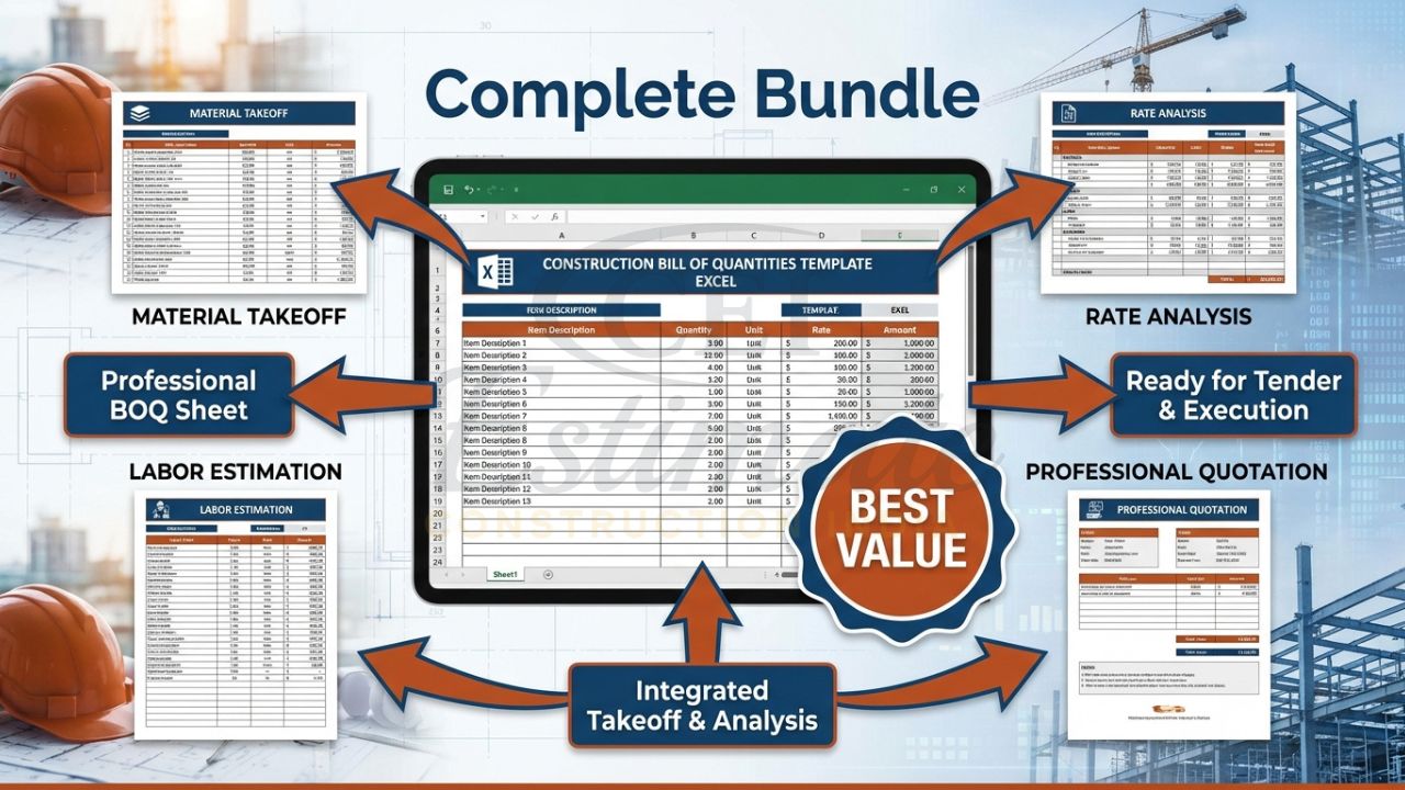 Complete construction bill of quantities template excel bundle with takeoff, rate analysis and quotation