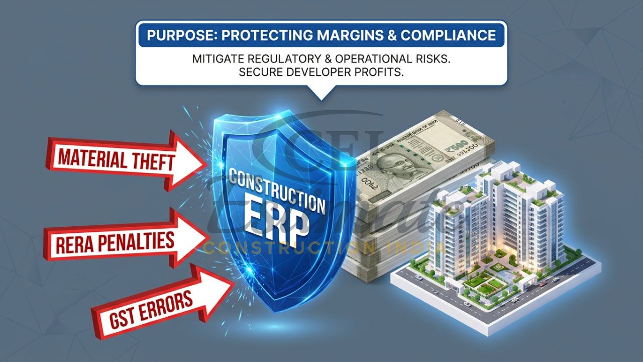 A 3D digital shield representing "Construction ERP" protecting a stack of Indian currency from risks like "RERA Penalties," "Material Waste," and "GST Errors."