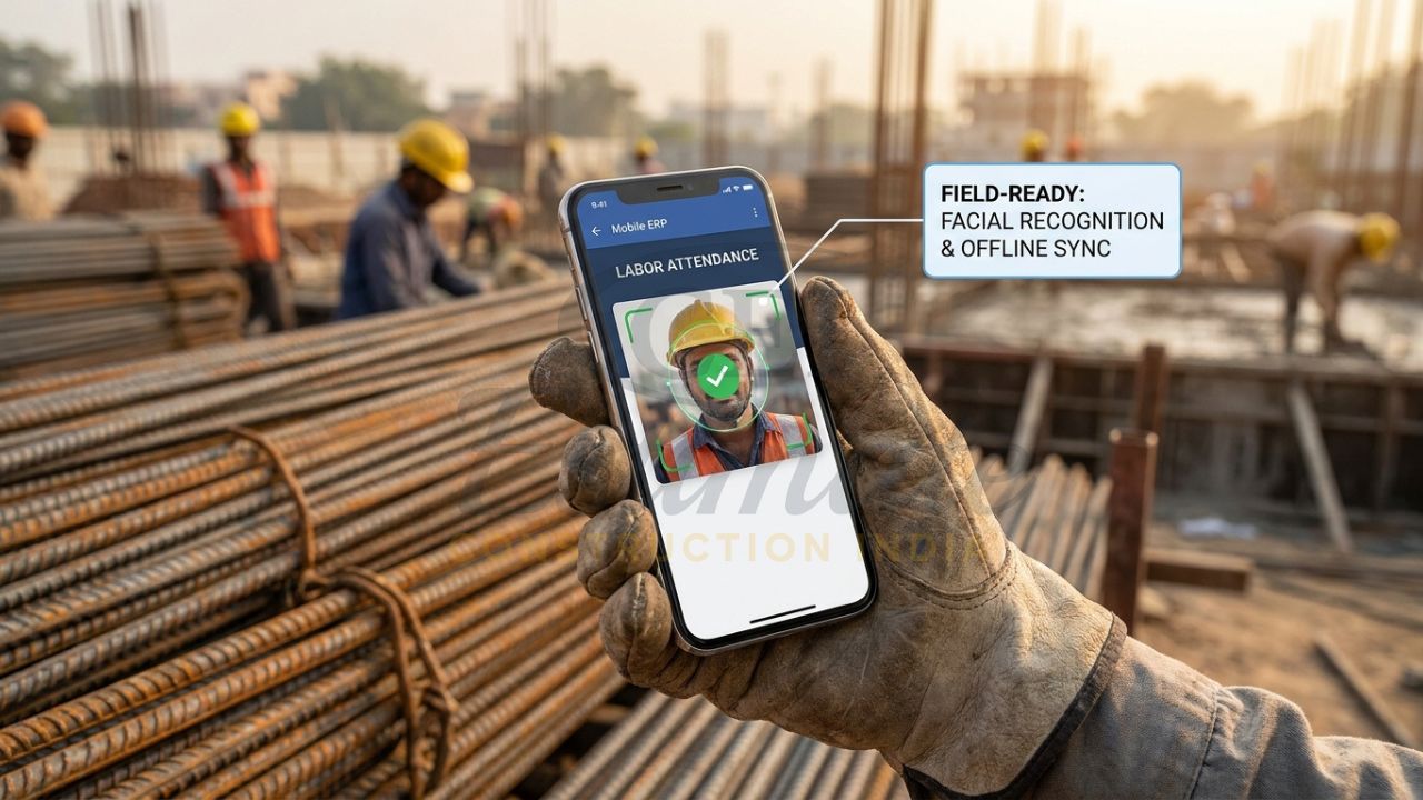 A site engineer in a tier-2 Indian city using a mobile ERP app to mark labor attendance via facial recognition and update daily progress reports (DPR).