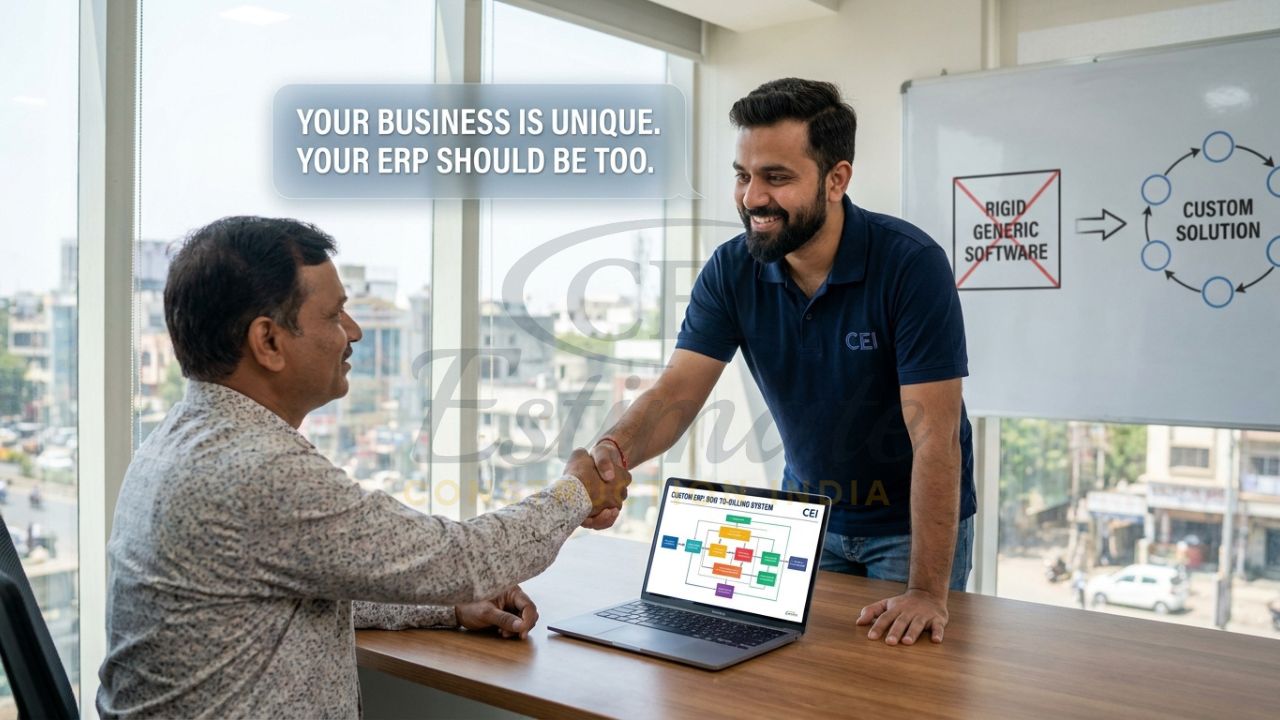 A professional technical consultant from Construction Estimator India shaking hands with a builder, with a customized ERP workflow diagram on the wall behind them.