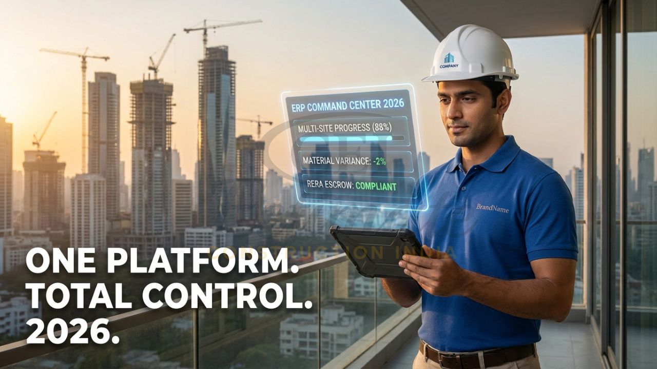 A professional Indian construction developer in a safety vest holding a tablet, with a holographic "ERP Dashboard" showing multi-site labor tracking, material stock, and RERA compliance status across India.