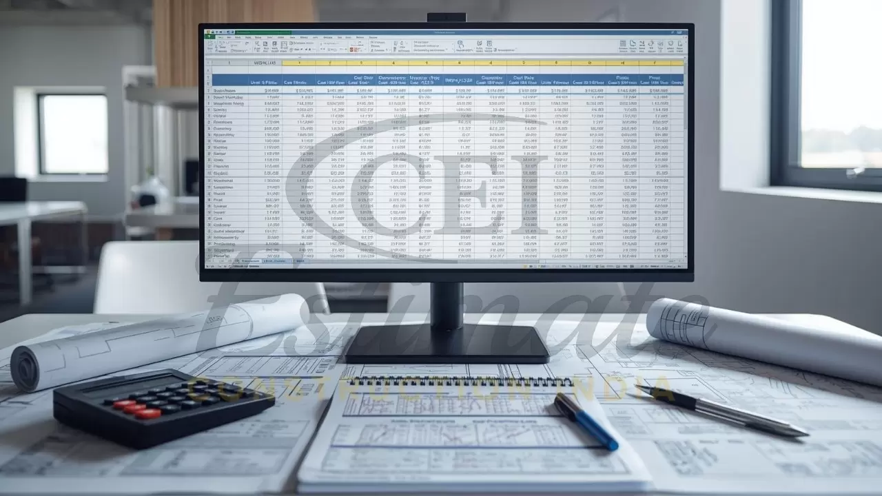 Construction BOQ and cost estimation spreadsheet on computer screen