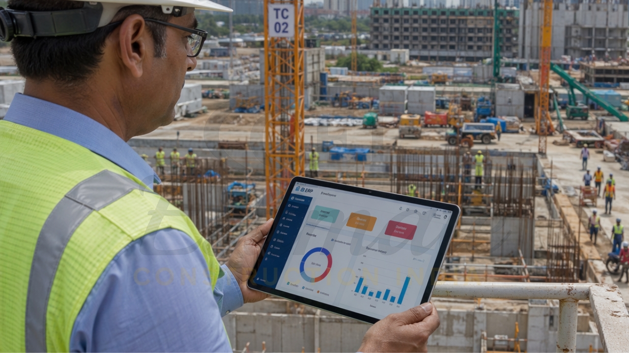 Site engineer using tablet for construction project management software