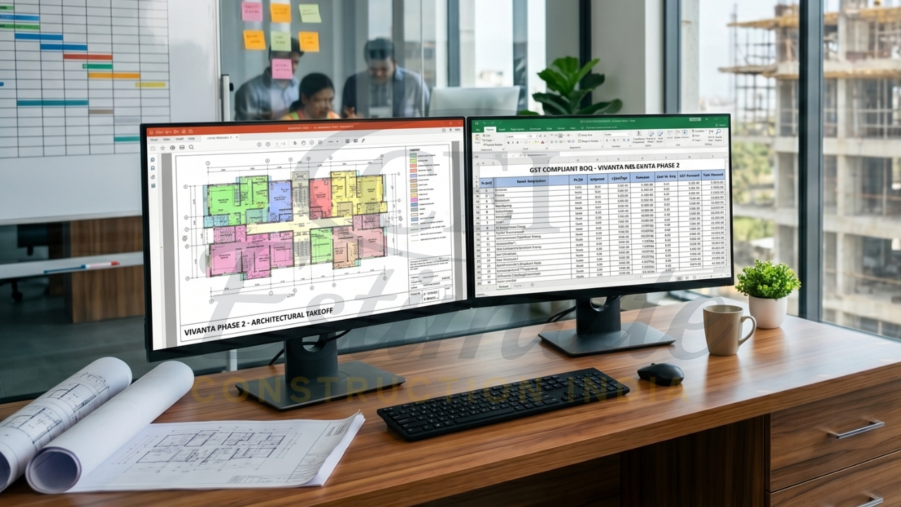 Dual screen construction estimating workspace with BOQ and floor plan