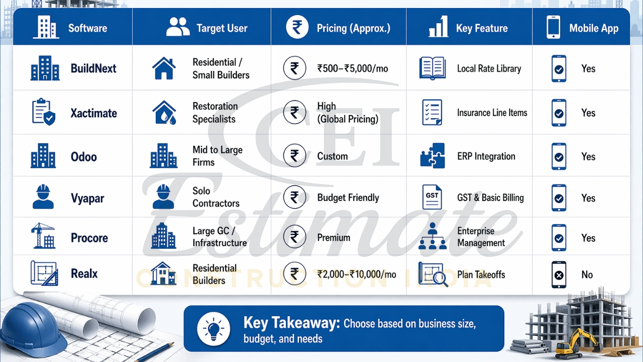 Construction software comparison chart India with pricing and key features
