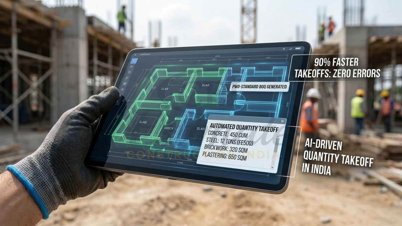 A close-up of a tablet screen where an AI algorithm is automatically recognizing walls and slabs on a 2D floor plan, converting them into a PWD-standard Bill of Quantities.