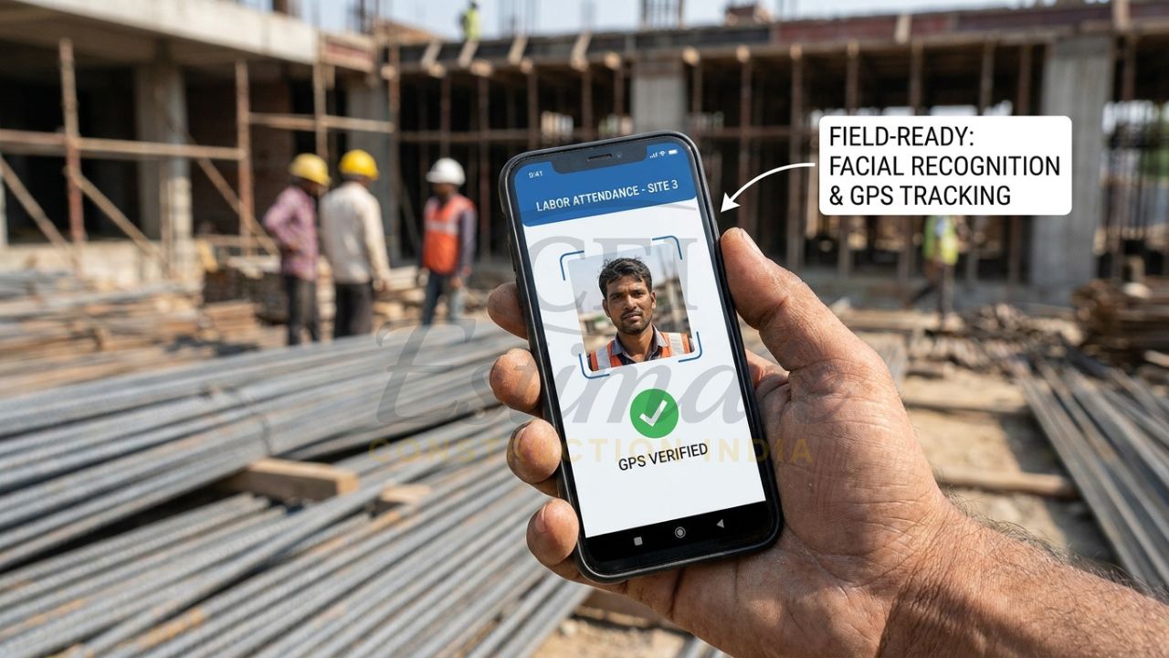 A site engineer in a tier-2 Indian city using a mobile FSM app to mark labor attendance via facial recognition and upload daily progress photos for RERA compliance.