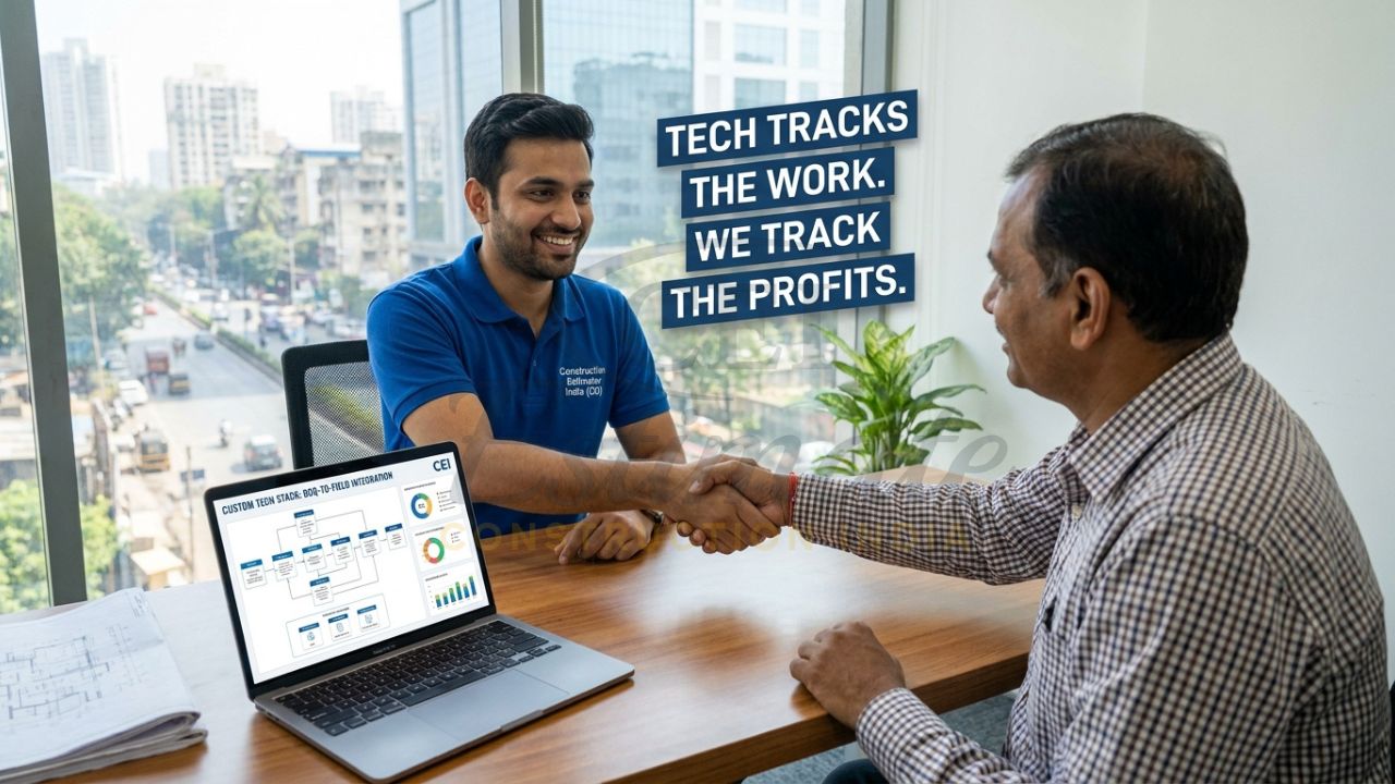 A professional technical consultant from Construction Estimator India shaking hands with a builder, with a customized ERP and estimation workflow on a monitor behind them.