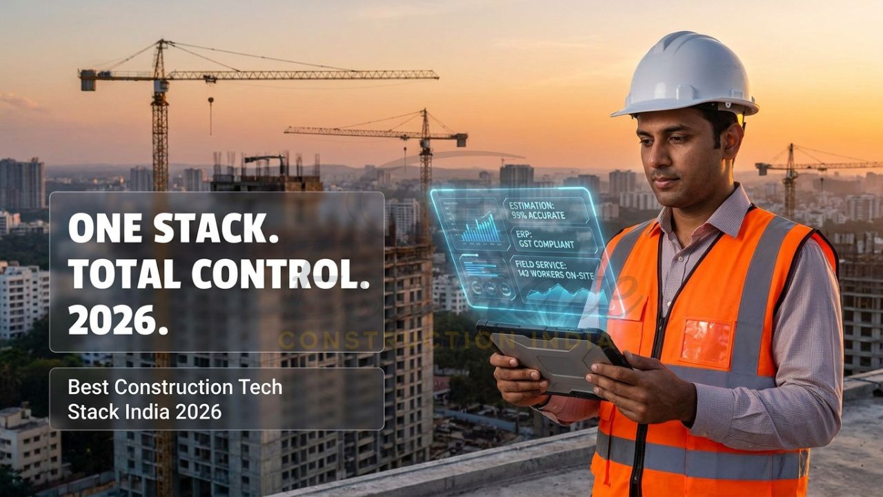 A professional Indian civil contractor in a safety vest using a mobile app on a high-rise site, with a holographic dashboard showing integrated data for Estimating, ERP, Bidding, and Field Service.
