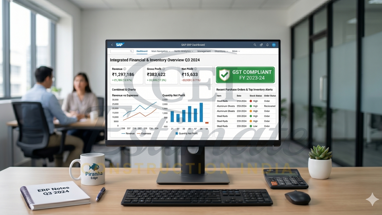 ERP dashboard for construction finance, revenue, and inventory management
