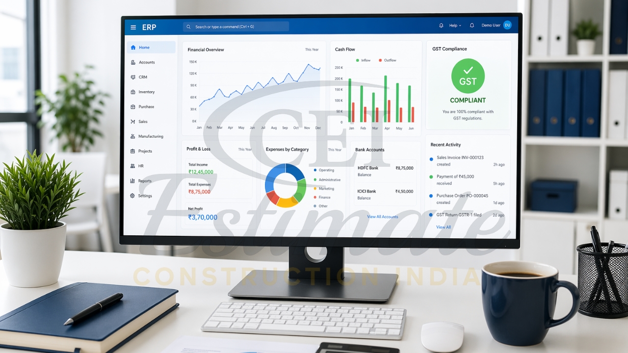 Construction ERP dashboard with revenue, expenses, and cash flow tracking