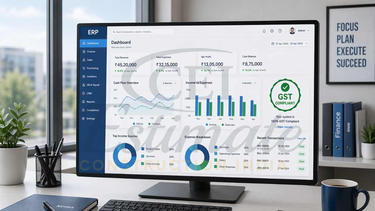 Construction ERP software dashboard with income, expenses, and profit tracking