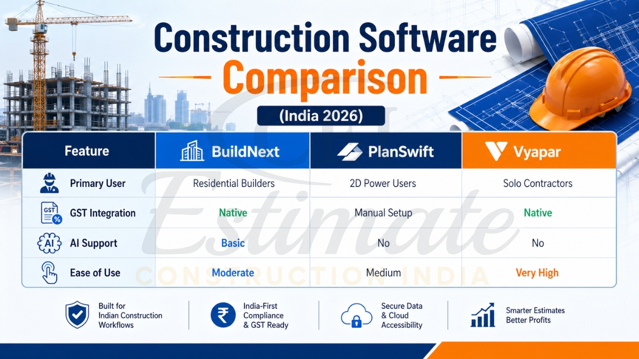 Construction software comparison India 2026 showing BuildNext, PlanSwift, and Vyapar features.