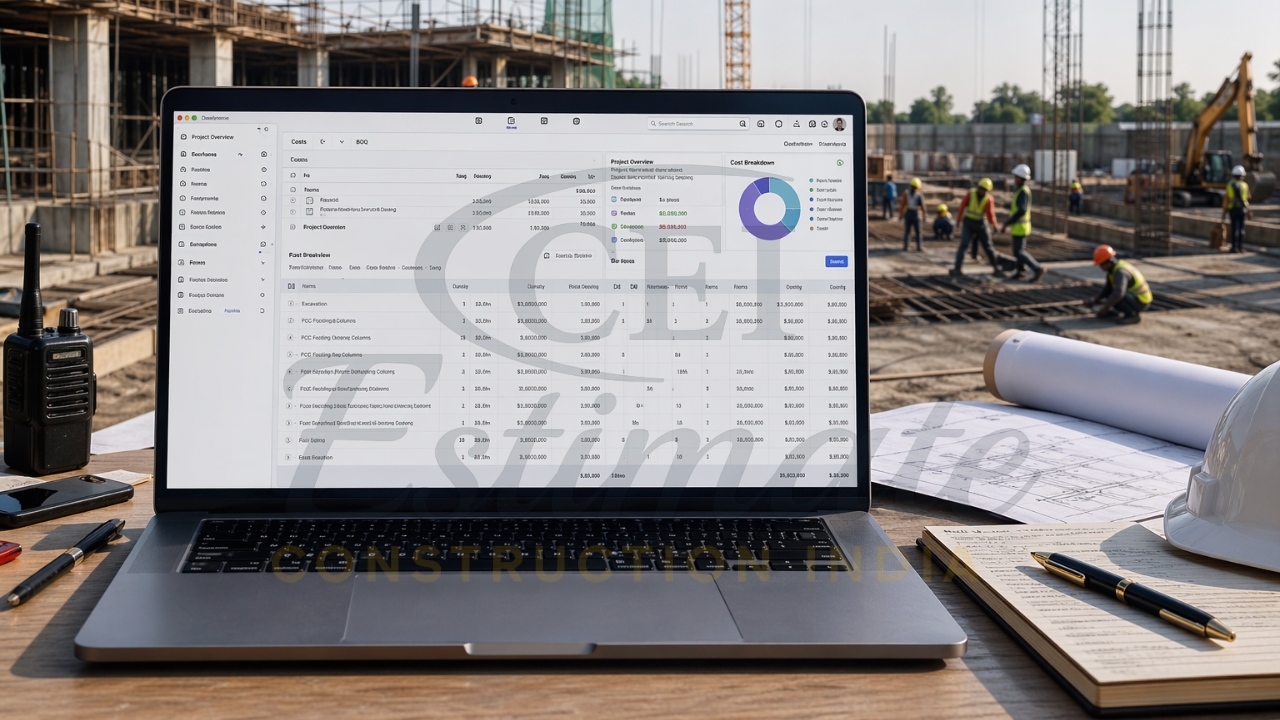 Laptop with construction cost estimation software at active job site