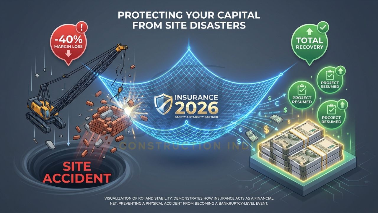 A 3D isometric infographic showing a "Construction Insurance" safety net catching falling bricks and heavy machinery, converting them into gold coins and project stability markers.