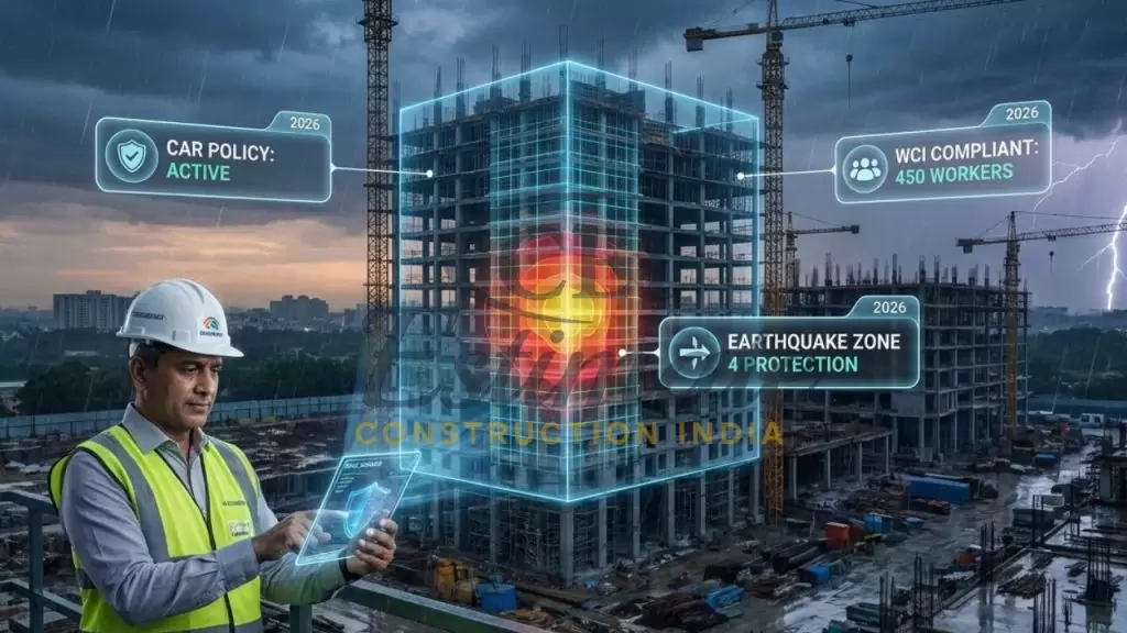A professional Indian construction developer in a safety vest using a transparent glass tablet to view a 3D "Risk Heatmap" of a high-rise project with active CAR and WCI insurance overlays.