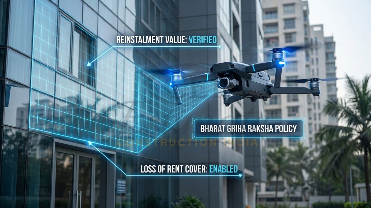 A macro close-up of a drone hovering over a completed modern apartment complex, scanning the structure for the Bharat Griha Raksha policy to verify the reinstatement value.