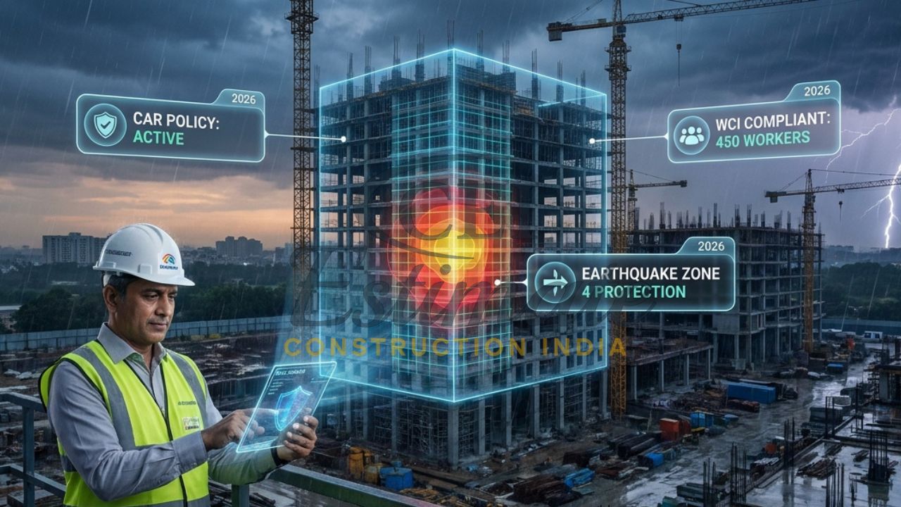 A professional Indian construction developer in a safety vest using a transparent glass tablet to view a 3D "Risk Heatmap" of a high-rise project with active CAR and WCI insurance overlays.