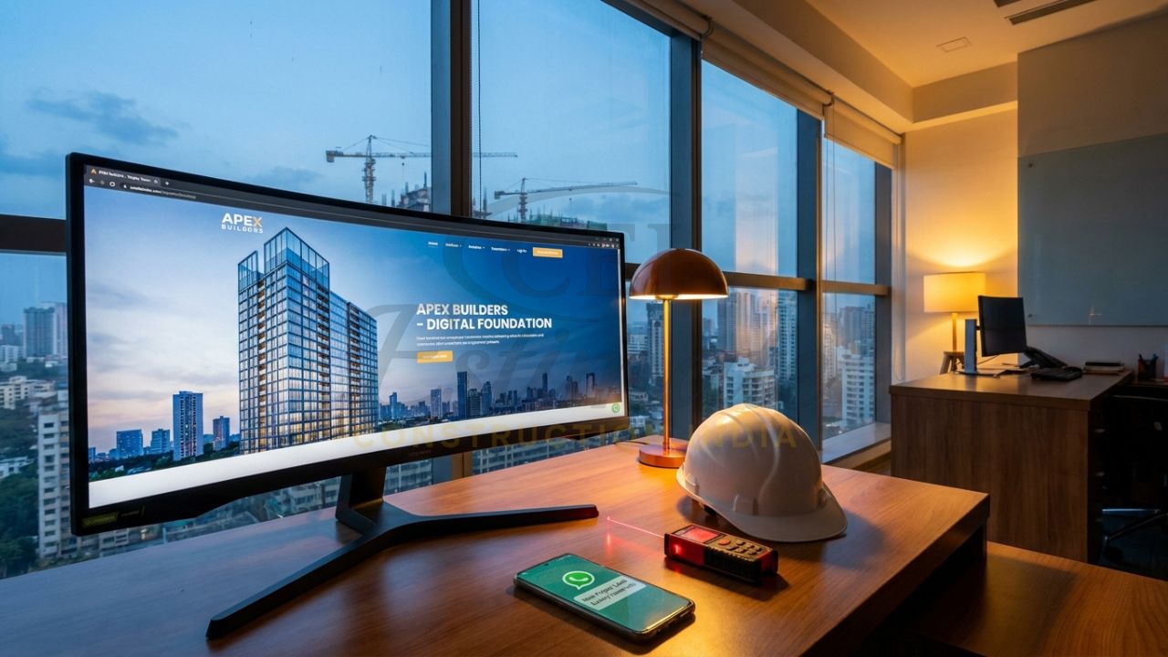 Professional construction website design services showing a luxury project portfolio on a 4K monitor.