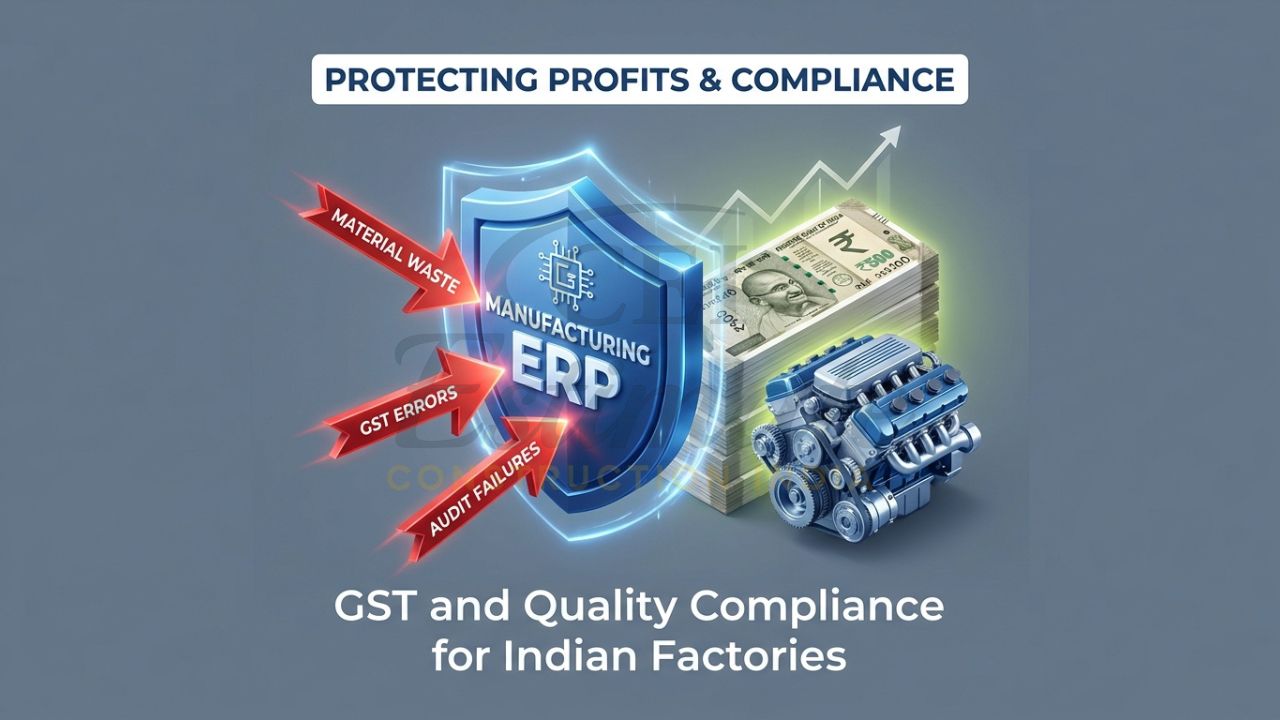 A 3D digital shield representing "Manufacturing ERP" protecting a factory from risks like "GST Errors," "Material Waste," and "Audit Failures."