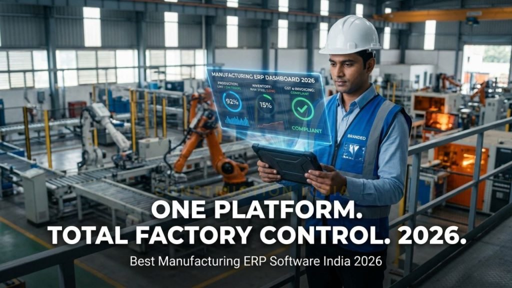 A professional Indian factory owner in a modern plant, holding a tablet with a holographic "Manufacturing ERP Dashboard" showing real-time production, multi-plant inventory, and GST compliance status.