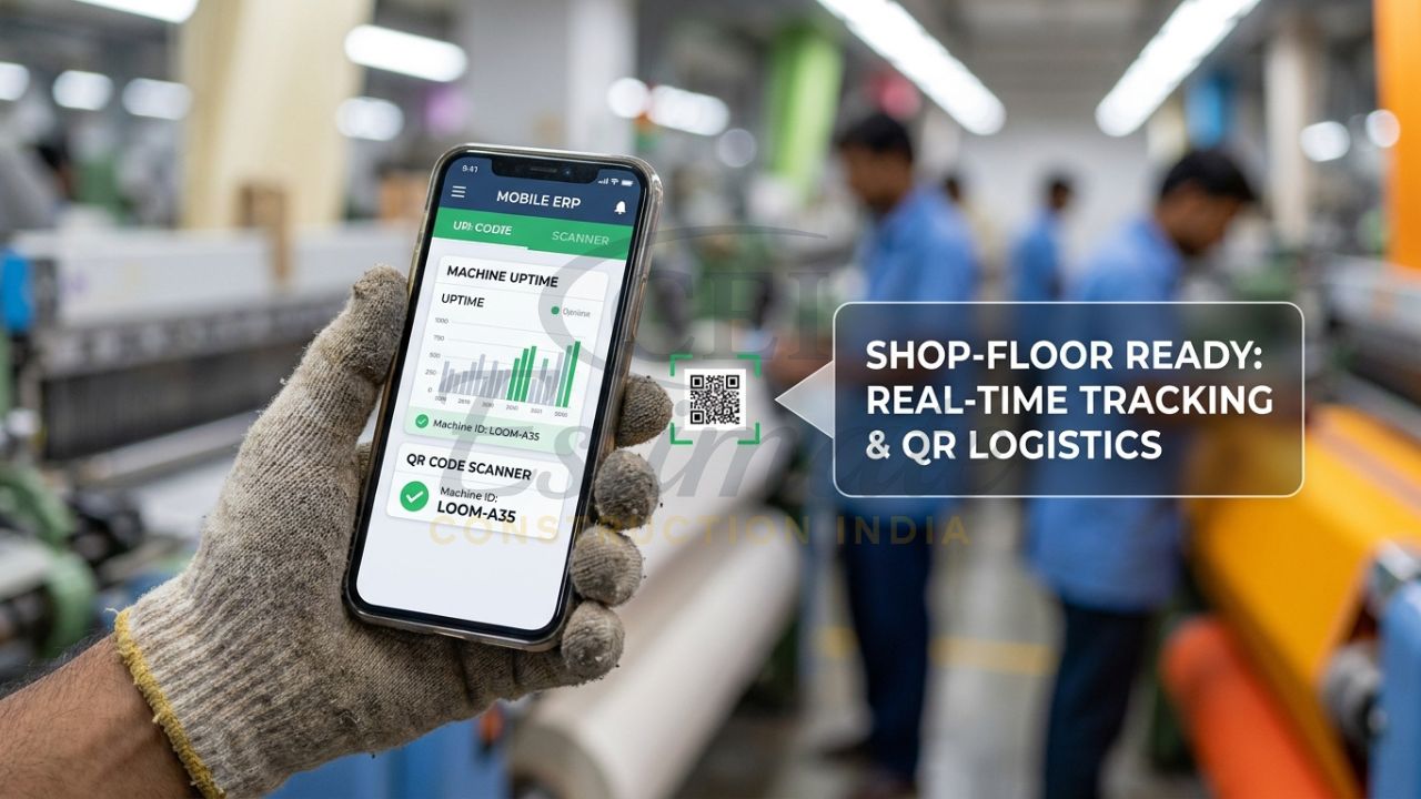 A factory supervisor in a Tier-2 Indian city using a mobile ERP app to track machine uptime and mark labor attendance via facial recognition.
