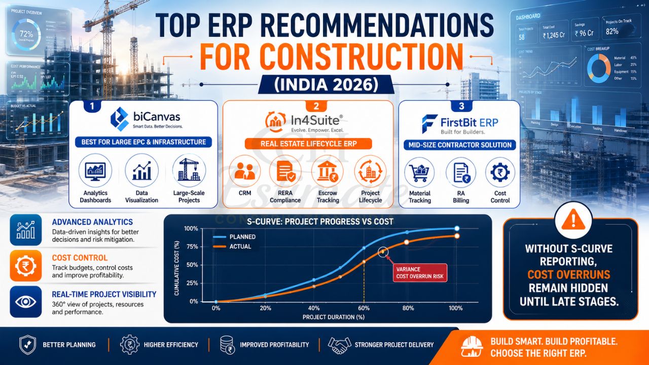 best ERP software for construction industry in India with S-curve cost tracking project management analytics dashboards and cost control