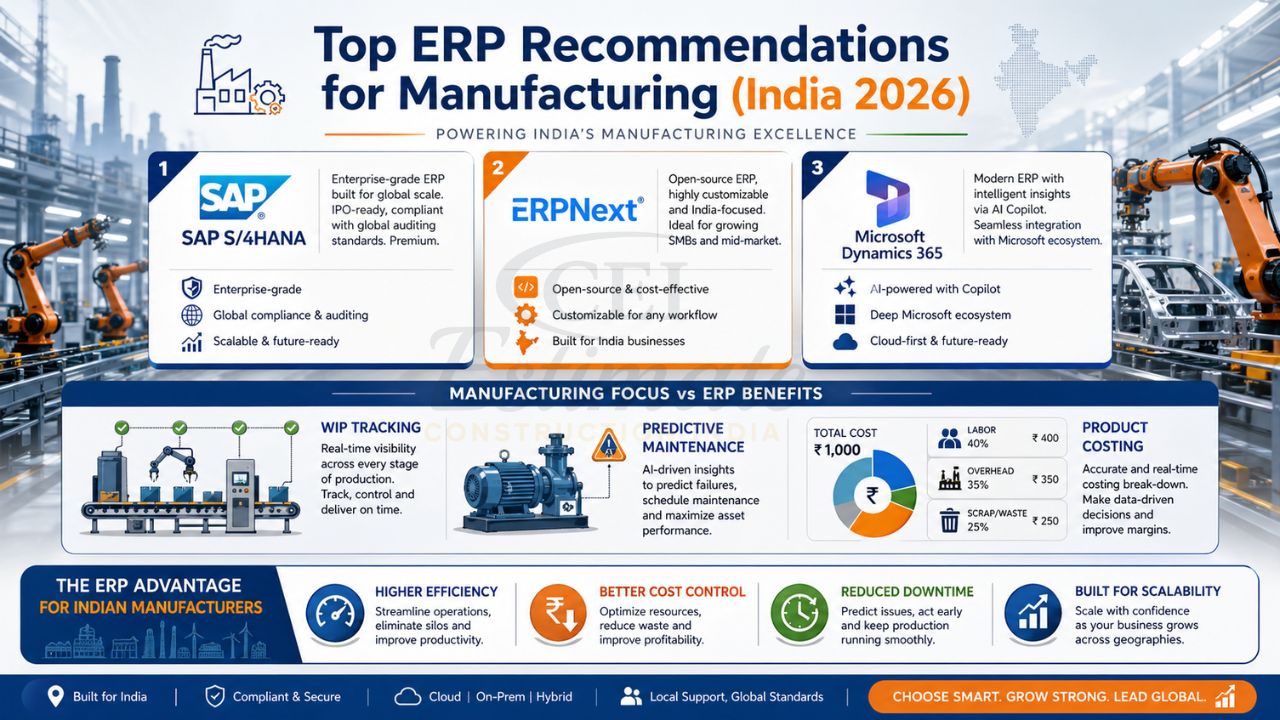 best ERP software for manufacturing industry in India with WIP tracking predictive maintenance product costing and factory automation dashboards