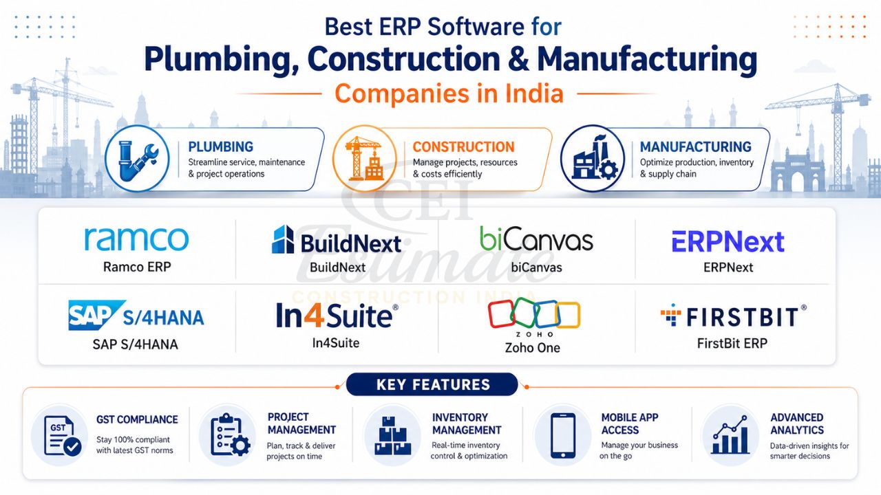 best ERP software in India for plumbing construction and manufacturing companies with project management GST compliance inventory and analytics features