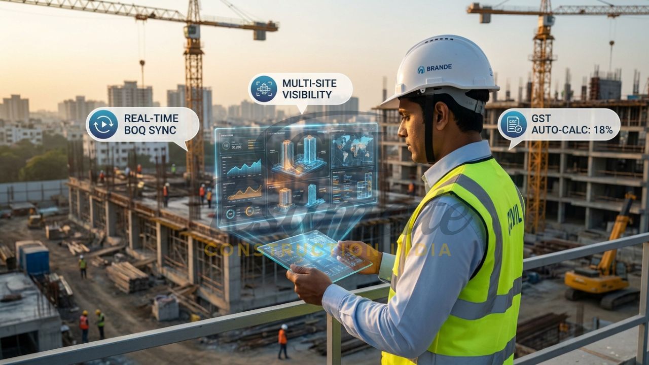 Professional Indian engineer using a glass tablet with a 3D holographic ERP interface showing real-time multi-site data and 2026 GST compliance.