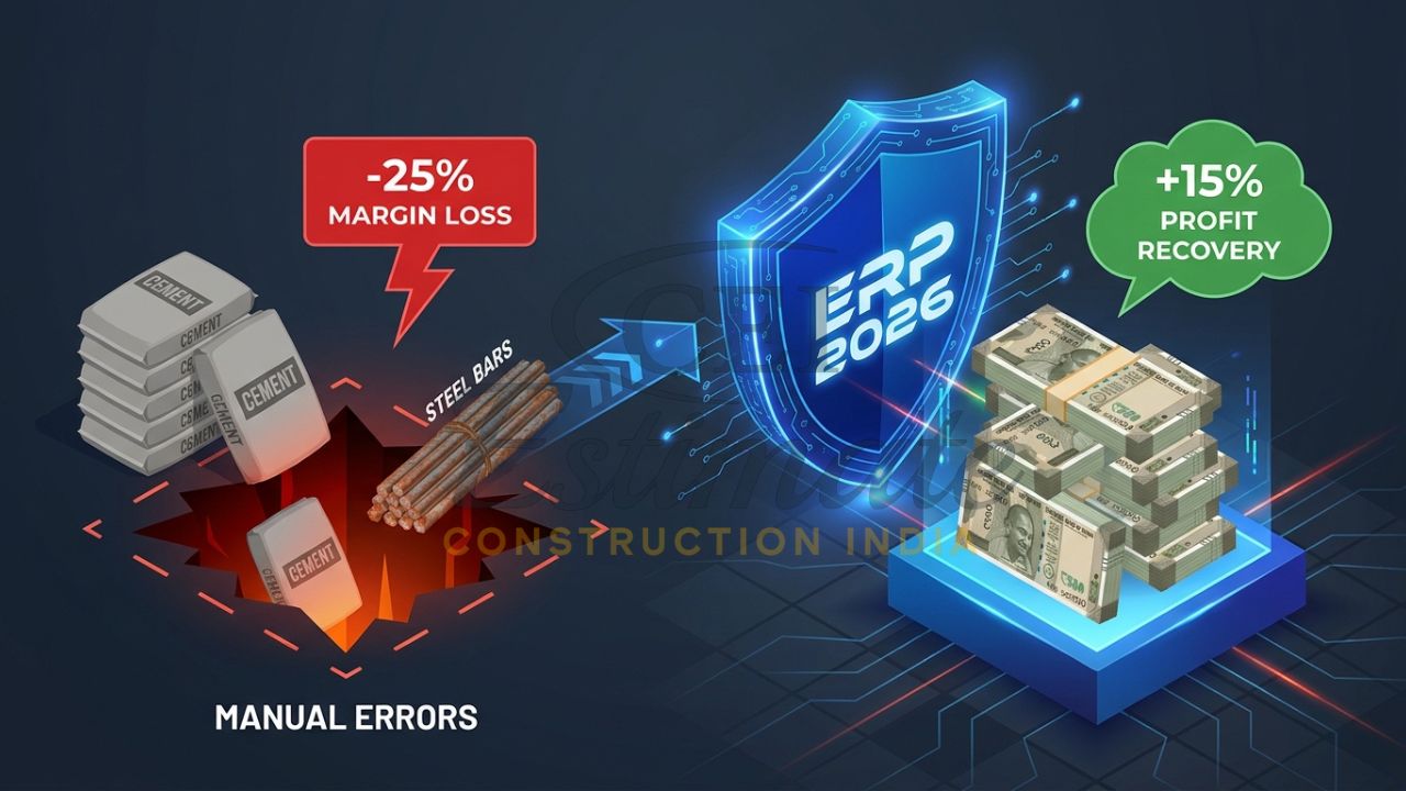 A 3D isometric infographic showing a digital ERP shield catching falling construction materials and converting them into Indian currency.