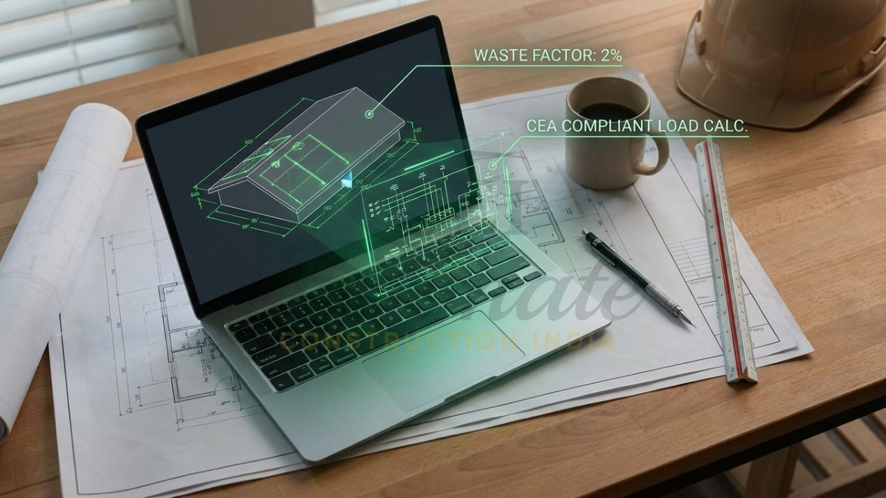 Top-down view of a slim laptop displaying a 3D electrical circuit and roof pitch calculation with auto-generated BOQ items for a 2026 Indian tender.